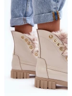 Skórzane Botki Damskie Z Futerkiem Jasnobeżowe Lewski 3296