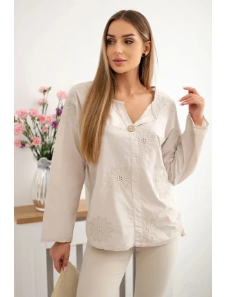 Košeľová blúzka s vyšívaným vzorom béžová