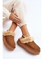 Skórzane Zamszowe Kapcie Damskie Na Platformie Z Futerkiem Camel Sophienne