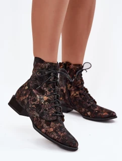 Zamszowe Wzorzyste Botki Na Płaskim Obcasie Maciejka 06391-02 Czarno-Złote