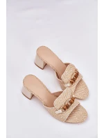 Klapki Damskie Na Obcasie Z Ozdobą Beżowe Ovittole