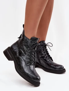 Lakierowane Skórzane Botki Damskie Na Klocku D&A LZ52-954 Granatowe