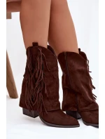 Dámské kožené boty s třásněmi na podpatku čokoládové Gralina