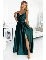 299-9 CHIARA elegantné maxi dlhé saténové šaty bez ramienok - BOTTLE GREEN