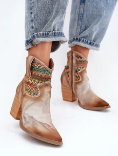 Skórzane Botki Kowbojki Na Słupku Z Ozdobną Plecionką Maciejka 06810-29 Multikolor