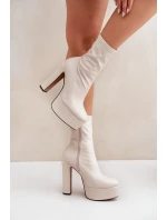 Botki Na Wysokim Obcasie Słupku I Platformie Jasnobeżowe Tennira