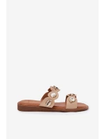 Klapki Damskie Ze Złotymi Przypinkami Beżowe Jenoriela