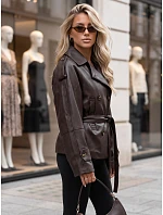 Dámska dvojradová bunda z ekokože s opaskom, hnedá, FashionStreet TY5912 Dámska dvojradová bunda z ekokože s opaskom, hnedá, FashionStreet TY5912