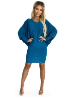 402-3 Netopierie šaty s výstrihom - morská farba s trblietkami