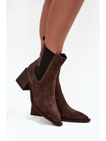 Skórzane Zamszowe Botki Damskie Na Słupku Ocieplane Artiker 57C0047 Brązowe