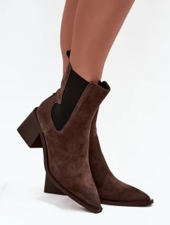 Skórzane Zamszowe Botki Damskie Na Słupku Ocieplane Artiker 57C0047 Brązowe