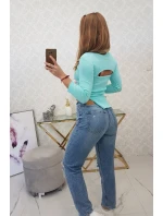 Blúzka s rebrovaným výstrihom v mätovej farbe