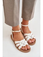 Skórzane Sandały Damskie Na Płaskim Obcasie Zazoo 3688 Ecru