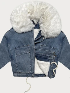 Dámska krátka džínsová bunda s kožušinovou podšívkou J Style modrá/biela (11Z8219)
