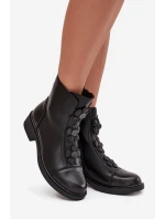 Skórzane Botki Damskie Z Ozdobnymi Kwiatkami Ocieplane Czarne Belverine