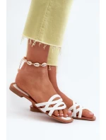 Klapki Damskie Eko Skórzane Na Płaskim Obcasie Białe Moldela