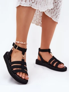 Sandały Damskie Na Platformie Ze Złotym Detalem Czarne Kartia