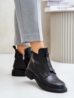 Skórzane Botki Na Płaskim Obcasie Ocieplane Czarne Komisa