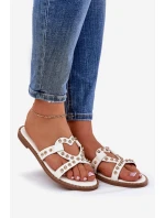 Zdobione Płaskie Klapki Damskie Białe Adivrae