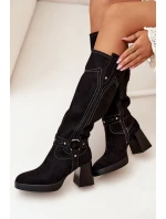 Ocieplane Kozaki Damskie Na Słupku Z Przeszyciami Czarne Alessara