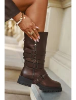 Ocieplane Kozaki Damskie Z Paskami I Klamrami Brązowe Ivaline