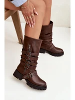 Ocieplane Kozaki Damskie Z Paskami I Klamrami Brązowe Ivaline