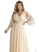 654-2 Dlhé trblietavé plus size šaty s výstrihom a priehľadnými rukávmi - šampanská béžová 654-2 Dlhé trblietavé plus size šaty s výstrihom a priehľadnými rukávmi - šampanská béžová