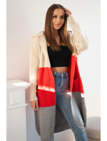 Pruhovaný sveter s kapucňou béžová+červená+sivá
