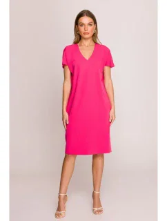 S392 Uvoľnený strih šiat s výstrihom do V - ružový