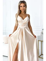 512-3 JULIET elegantné dlhé saténové šaty s výstrihom a rozparkom na nohách - BEACH