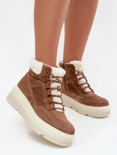 Zamszowe Śniegowce Damskie Z Kożuszkiem Na Platformie Vinceza 95354 Camel