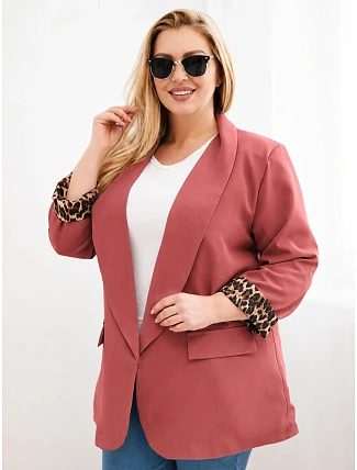 Dámske sako vo veľkosti Plus Size s podšívkou s leopardím vzorom v hrdzavej farbe Dámske sako vo veľkosti Plus Size s podšívkou s leopardím vzorom v hrdzavej farbe