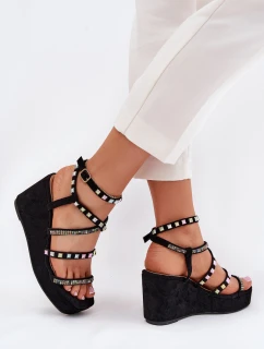 Sandały Damskie Na Koturnie Ze Zdobieniem Na Paskach Czarne Lunara