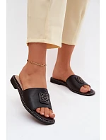 Kožené pantofle s plochým podpatkem ozdoba S.Barski KV61-6019 Černé