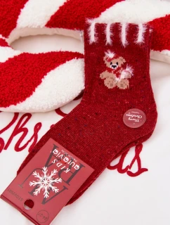 Dětské Vánoční Ponožky S Medvídkem Alpaka Vlna Červené