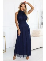 636-2 VERONICA luxusné dlhé šaty s brokátovým akcentom a elegantným strihom - tmavomodré