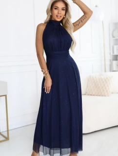 636-2 VERONICA luxusné dlhé šaty s brokátovým akcentom a elegantným strihom - tmavomodré