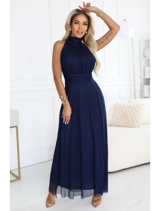 636-2 VERONICA luxusné dlhé šaty s brokátovým akcentom a elegantným strihom - tmavomodré
