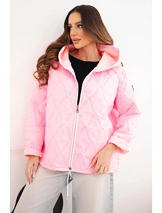 Dámska jarná prešívaná bunda s kapucňou a zipsom candy pink