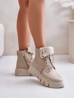 Zazoo 60511 Skórzane Botki Damskie Na Platformie Ocieplane Beżowe