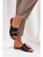 Skórzane Płaskie Eleganckie Klapki Z Kokardką Lewski 3572 Czarne