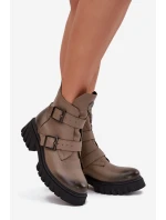 Dámske kožené zateplené členkové topánky s prackami a ozdobnými detailmi Zazoo 60482 dark beige