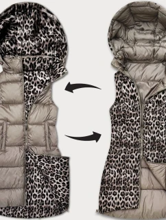 Béžová hrubšia obojstranná vesta so vzorom pantera a odnímateľnou kapucňou (T5-2602#-62)