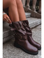 Marszczone Kozaki Damskie Do Połowy Łyski Z Paskami I Klamrami Brązowe Halvessa