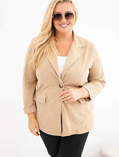 Dámske sako Plus Size z manšestru s klopami a vreckami, farba camelová