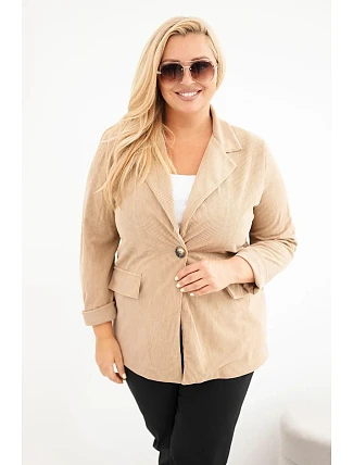 Dámske sako Plus Size z manšestru s klopami a vreckami, farba camelová Dámske sako Plus Size z manšestru s klopami a vreckami, farba camelová