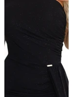 658-1 Trblietavé maxi šaty na jedno rameno s asymetrickými rukávmi a rozparkom - čierne