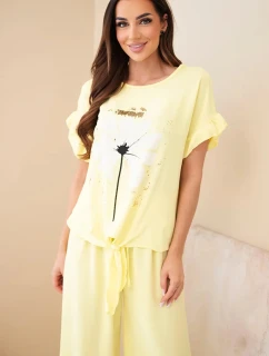 Dámska súprava z viskózy s potlačou blúzky a nohavíc žltá