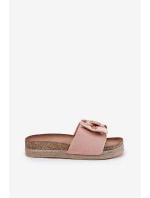 Klapki Damskie Na Platformie Z Kokardką I Ozdobną Broszką Różowe Lenela