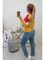 Geometrický vzorovaný sveter fuchsiová + horčicová